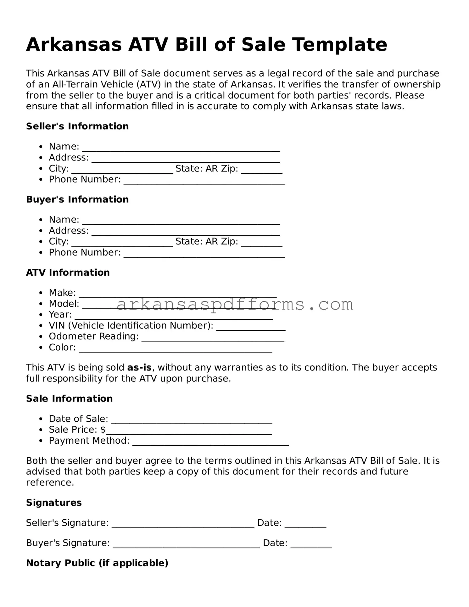 Printable ATV Bill of Sale Form for Arkansas State