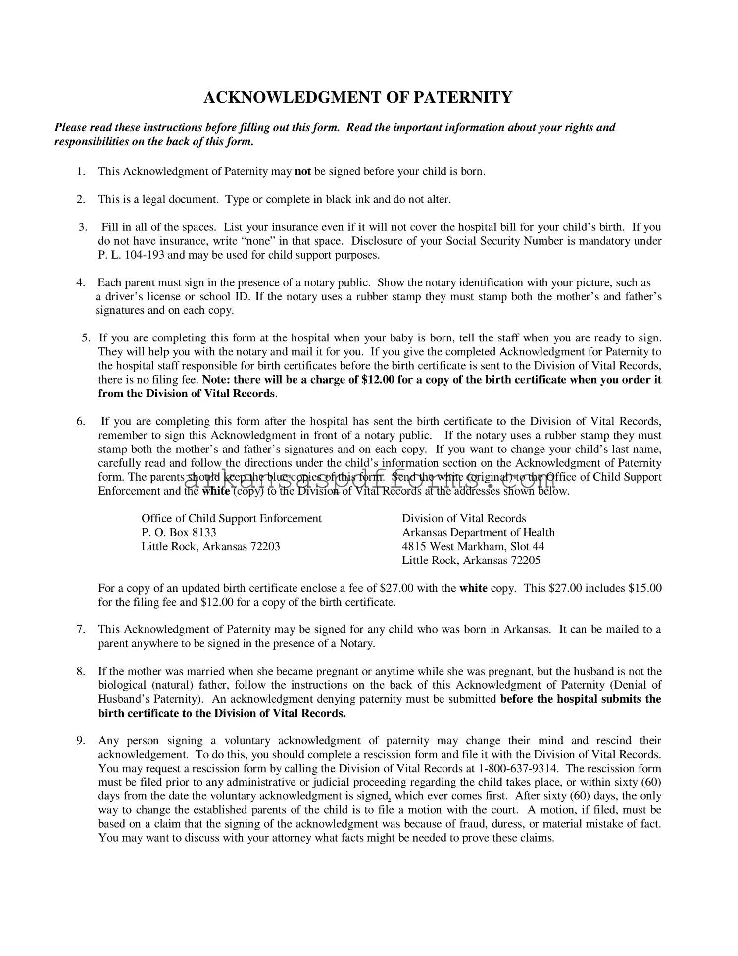 Official Arkansas Acknowledgement Paternity Template in PDF