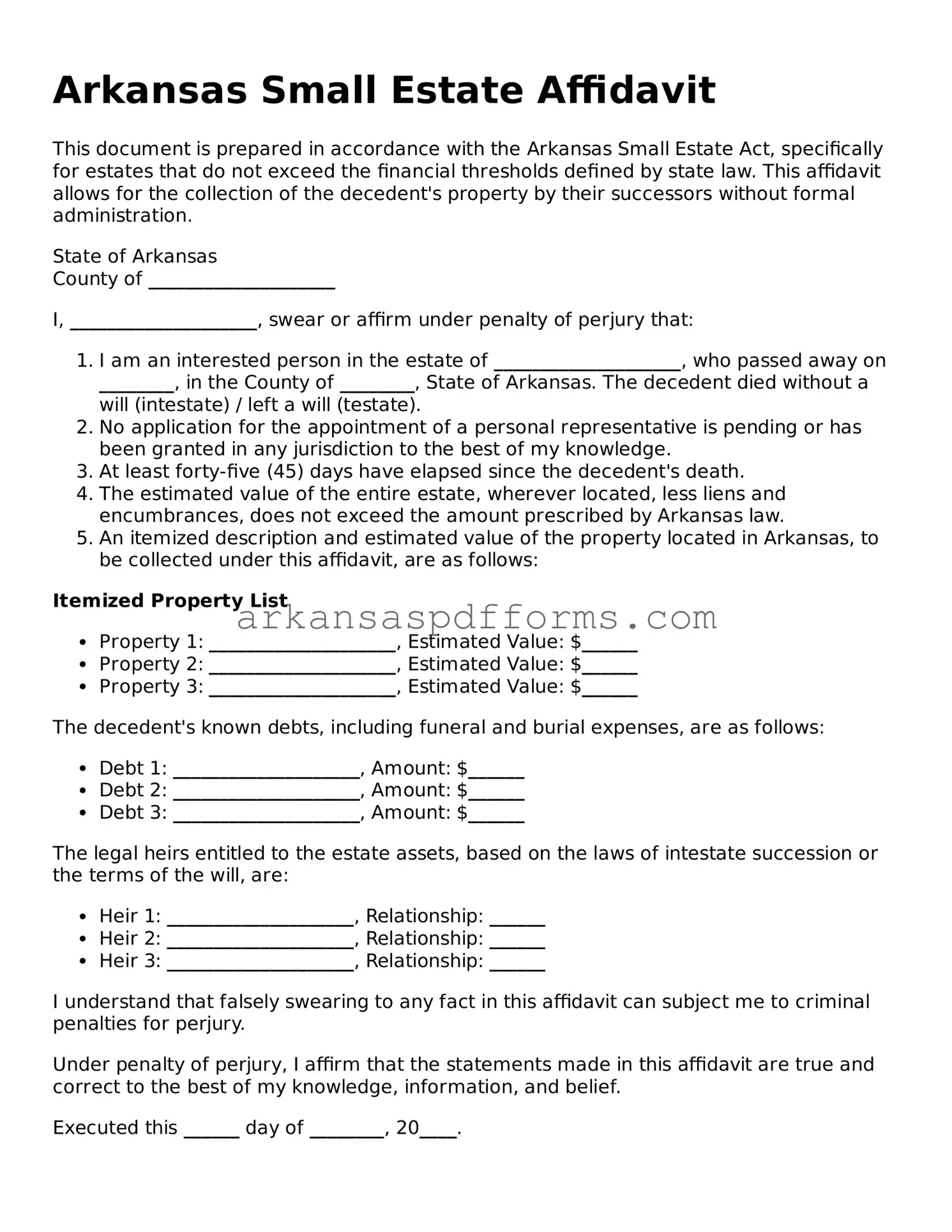 Printable Small Estate Affidavit Form for Arkansas State