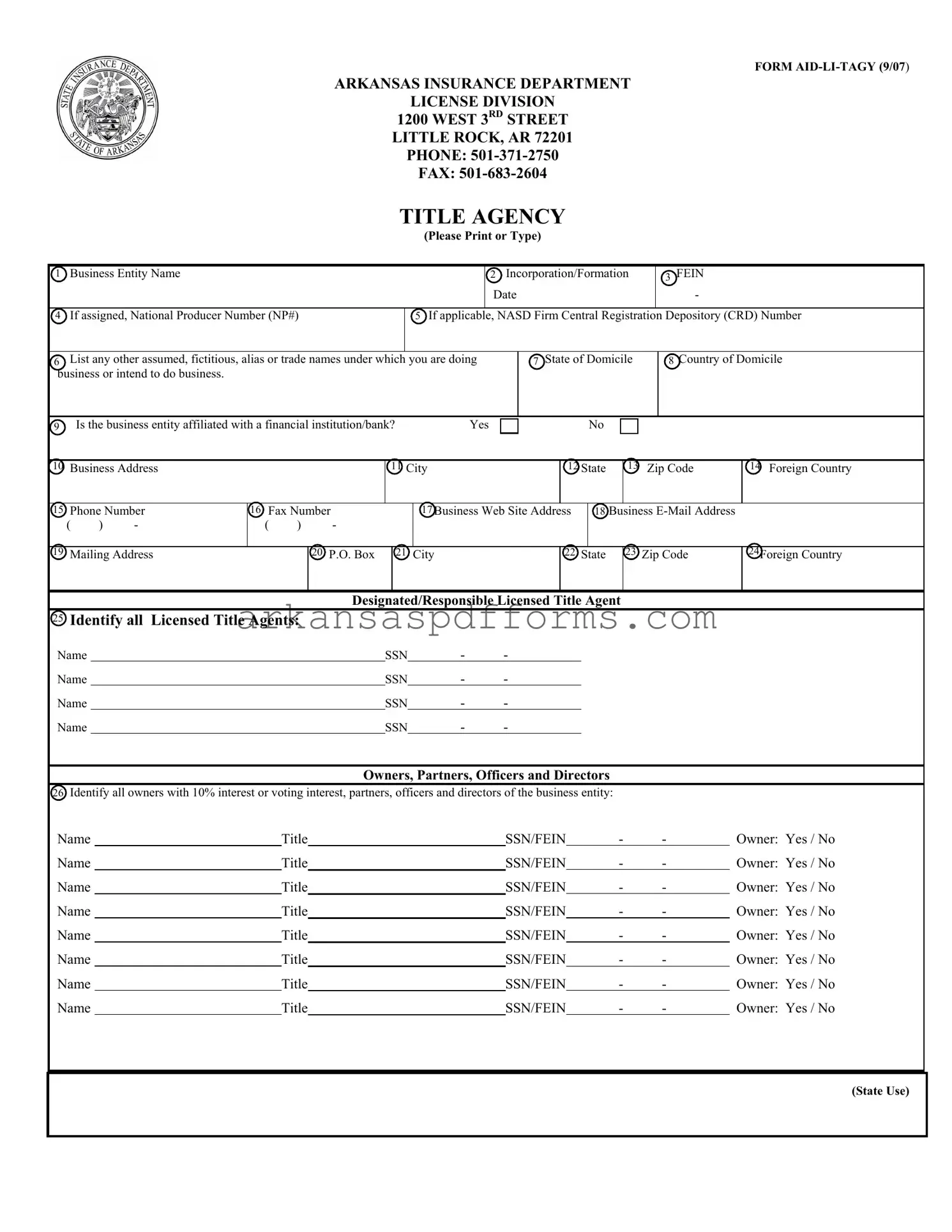 Official Arkansas Aid Li Tagy Template in PDF