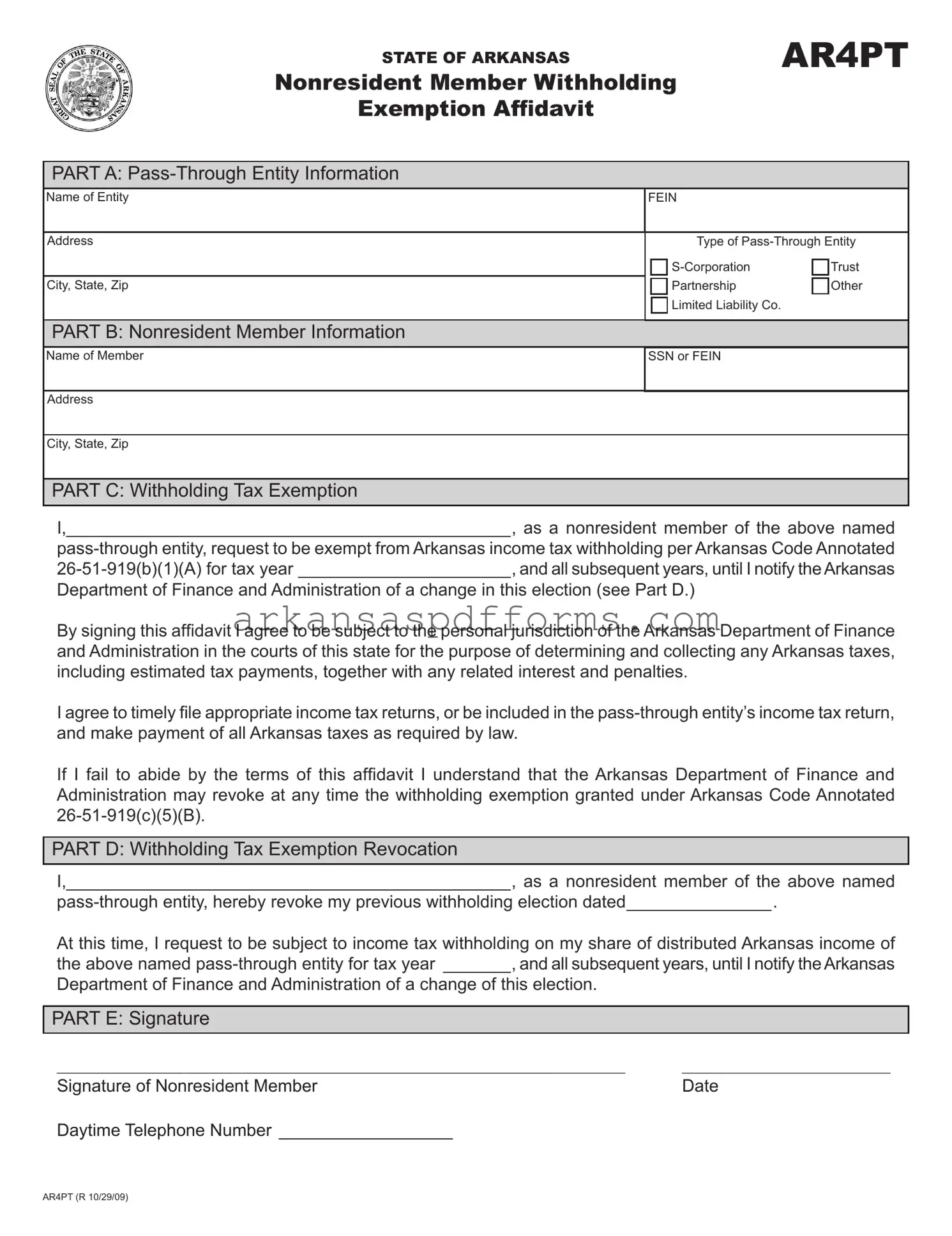 Official Arkansas Ar4Pt Template in PDF