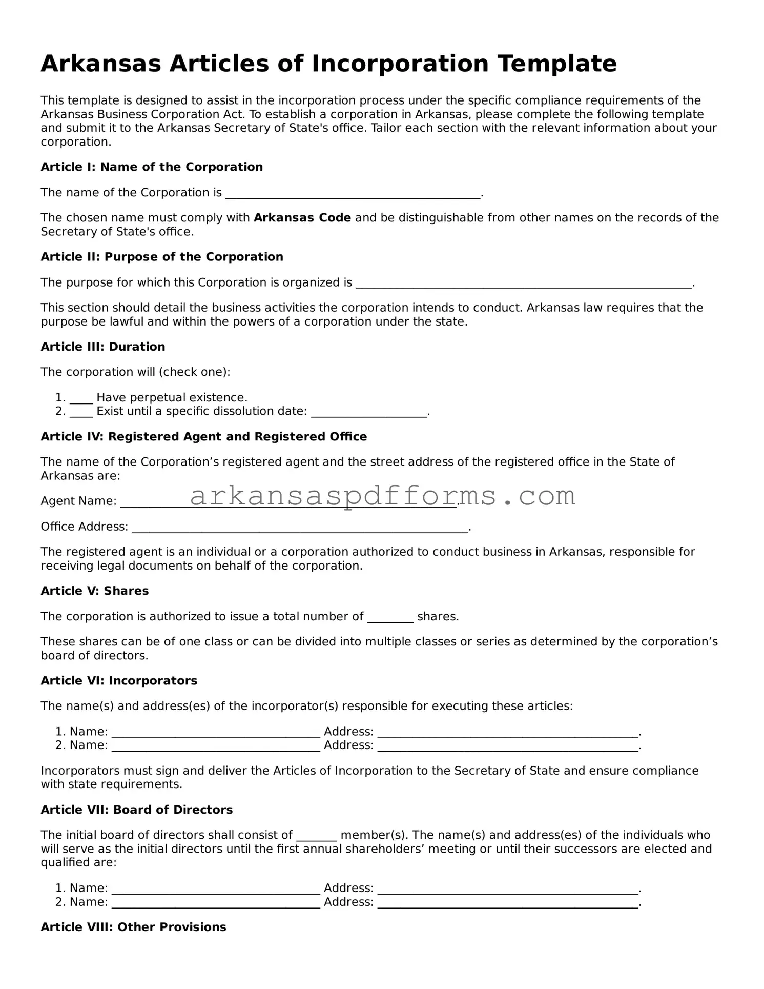 Printable Articles of Incorporation Form for Arkansas State