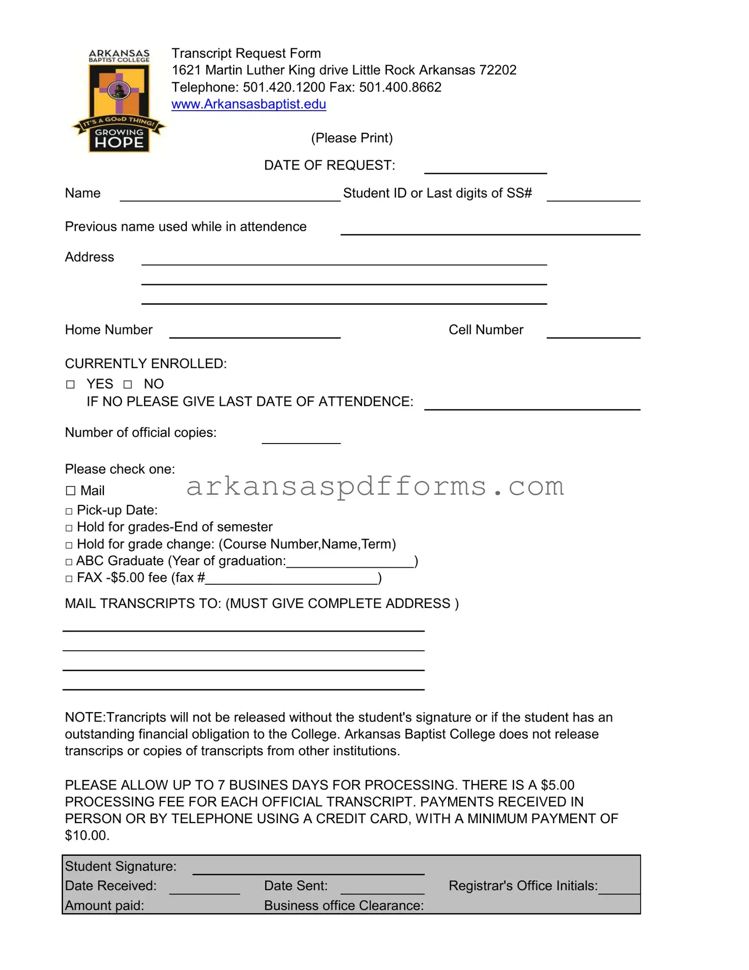 Official Arkansas Baptist Transcript Template in PDF