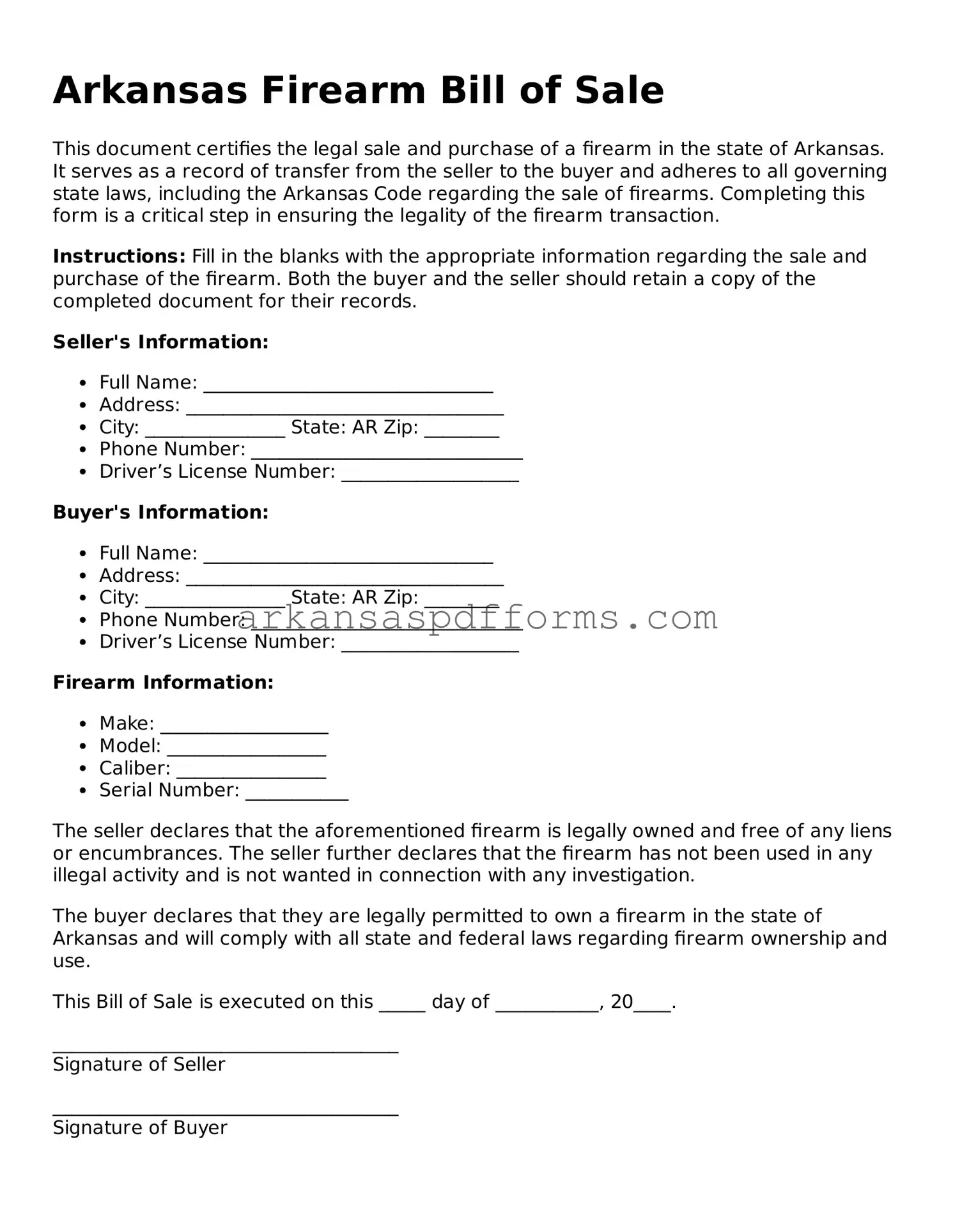 Printable Firearm Bill of Sale Form for Arkansas State