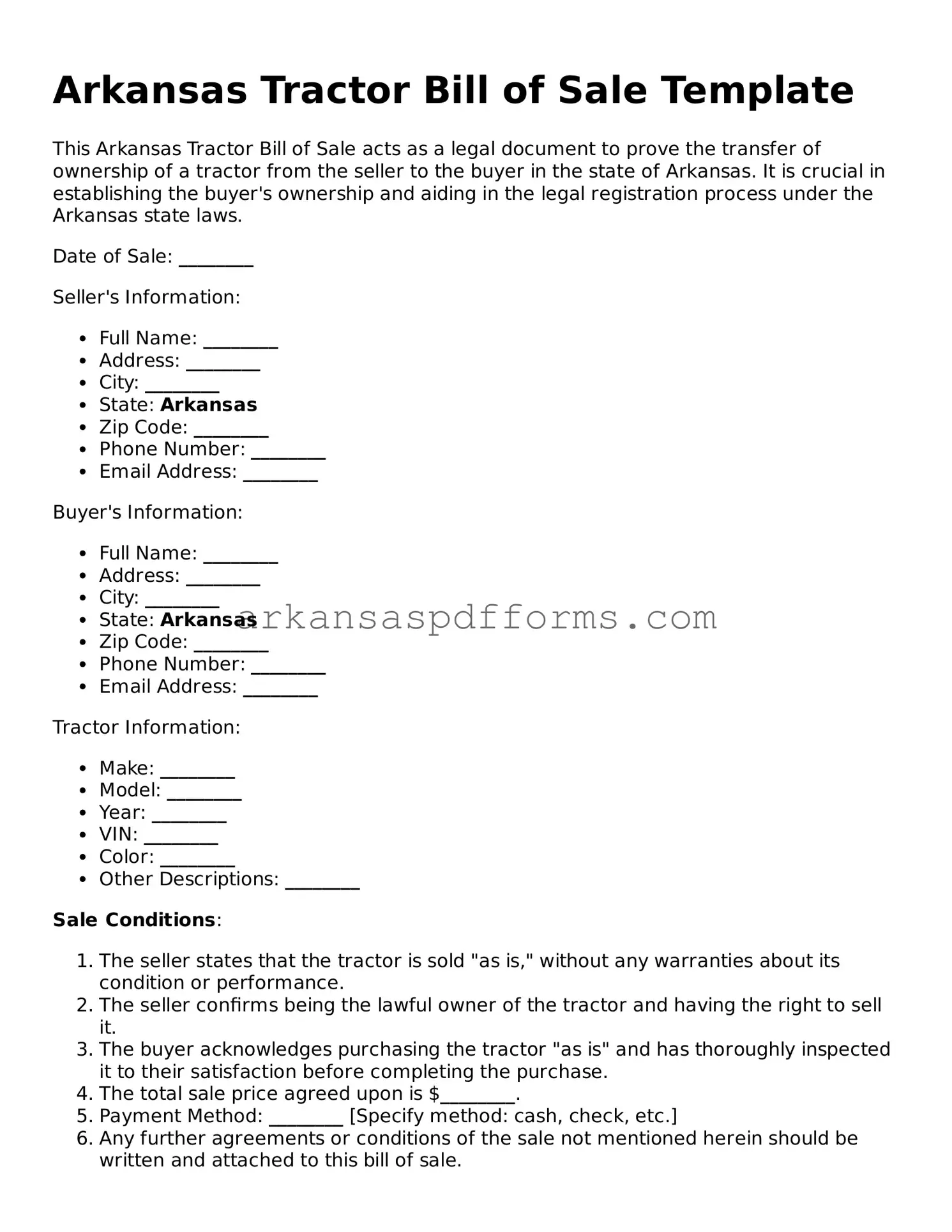 Printable Tractor Bill of Sale Form for Arkansas State