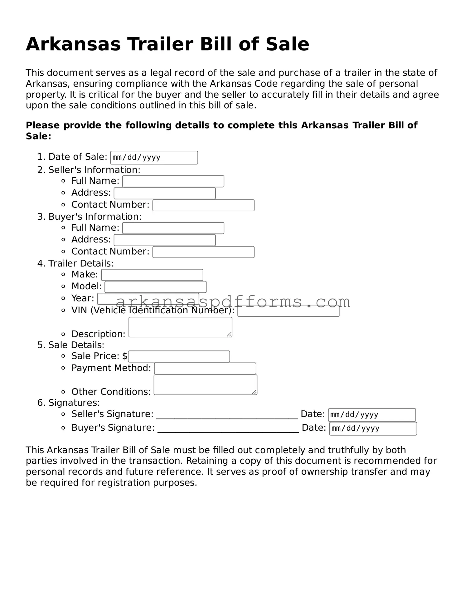 Printable Trailer Bill of Sale Form for Arkansas State