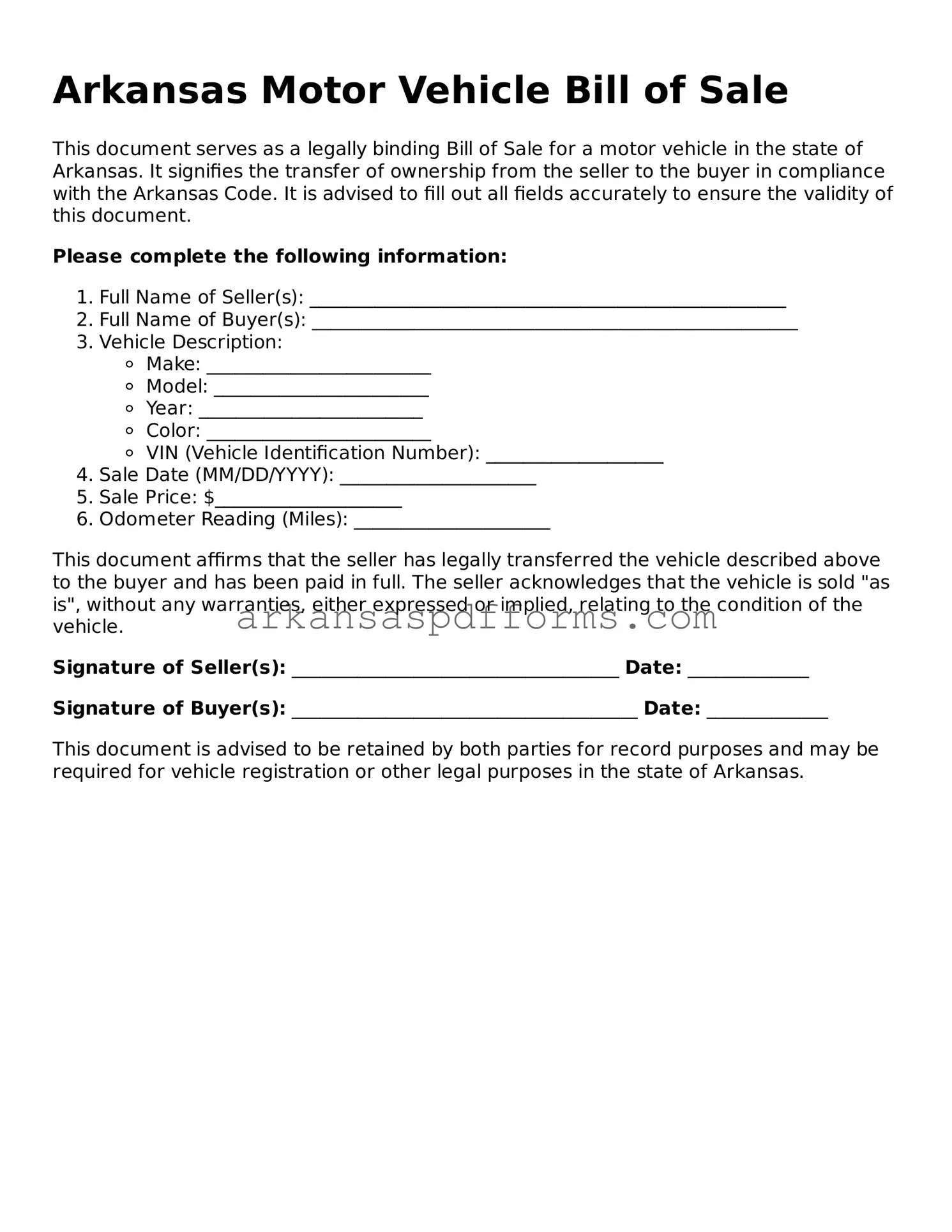 Printable Motor Vehicle Bill of Sale Form for Arkansas State