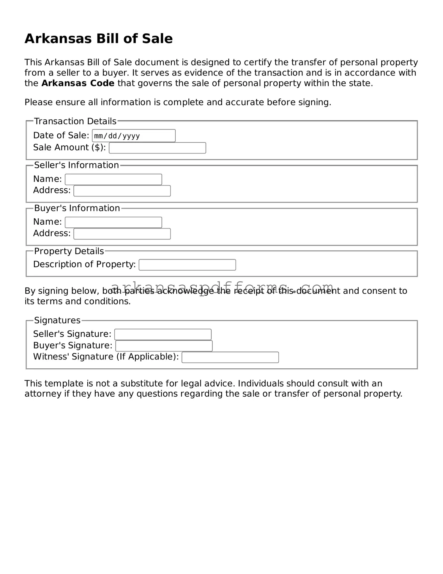 Printable Bill of Sale Form for Arkansas State