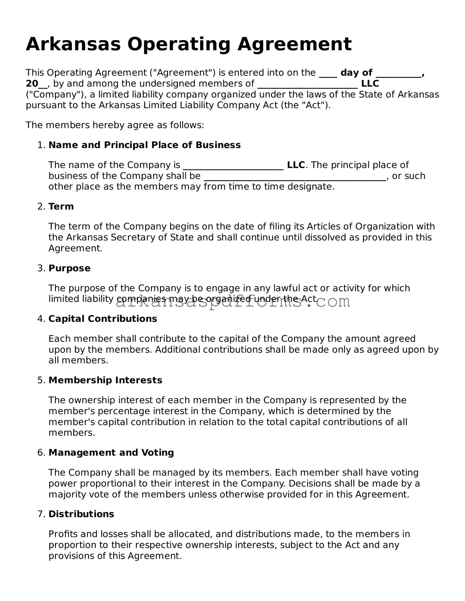 Printable Operating Agreement Form for Arkansas State