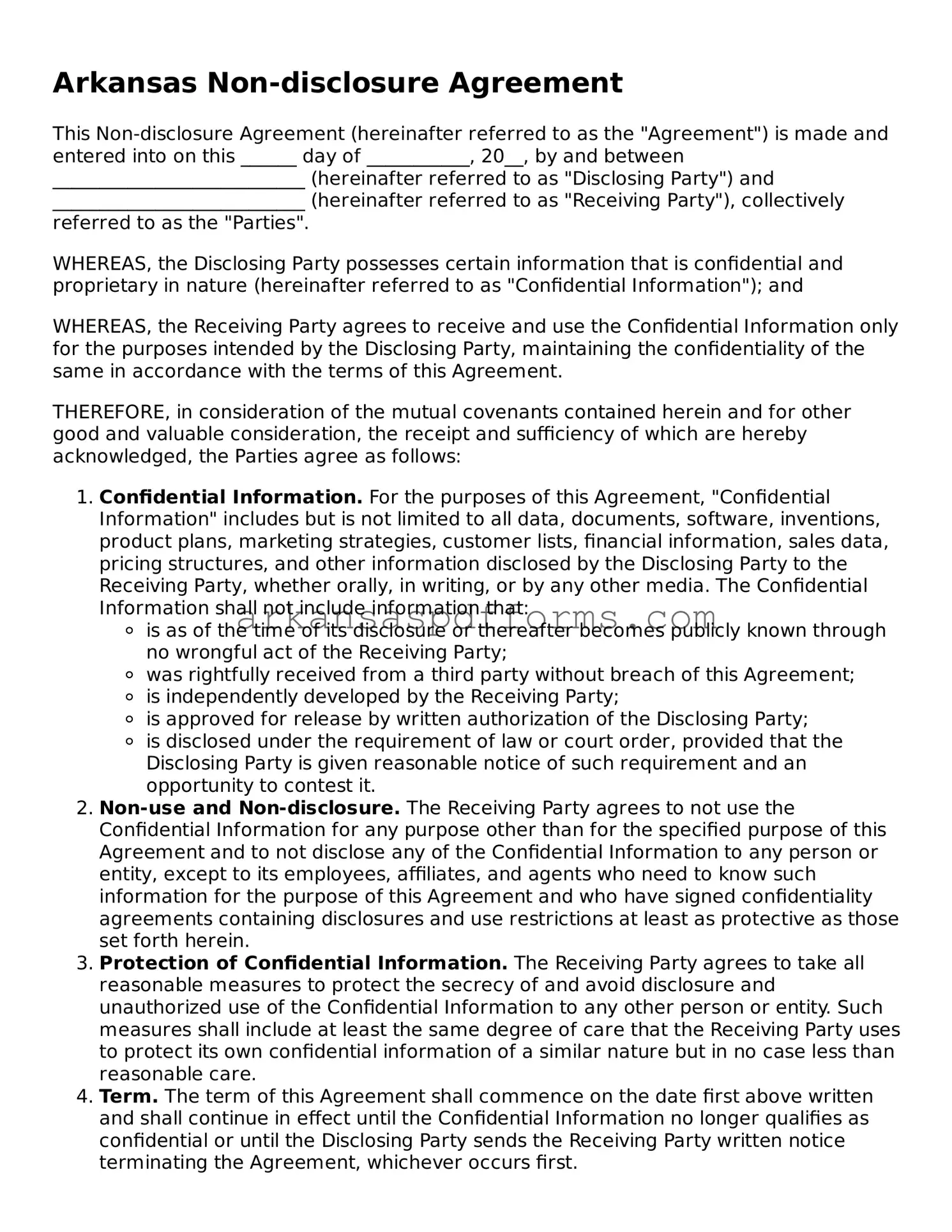 Printable Non-disclosure Agreement Form for Arkansas State