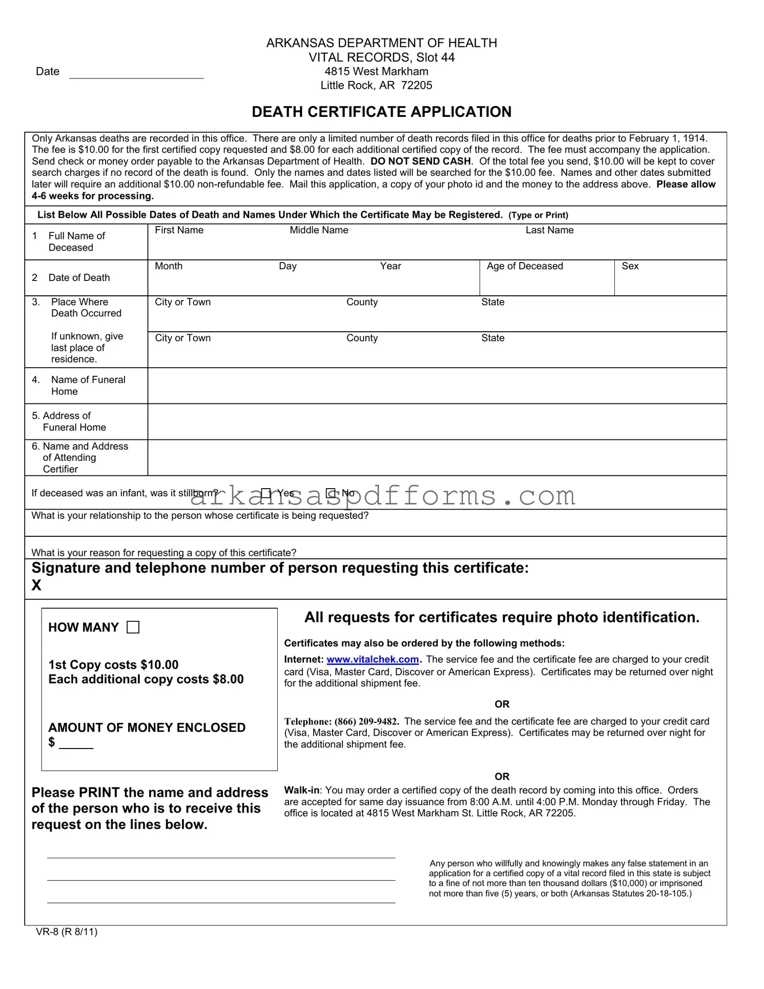 Official Arkansas Death Certificate Application Template in PDF