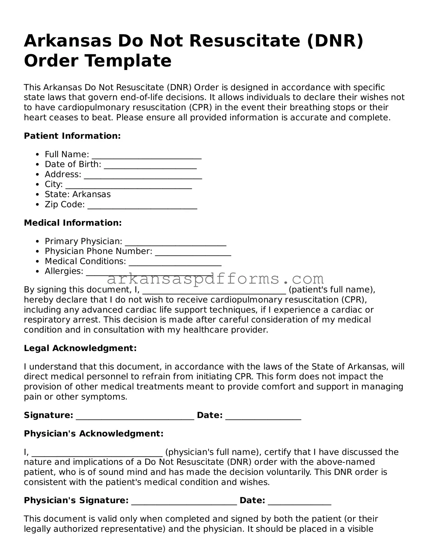 Printable Do Not Resuscitate Order Form for Arkansas State