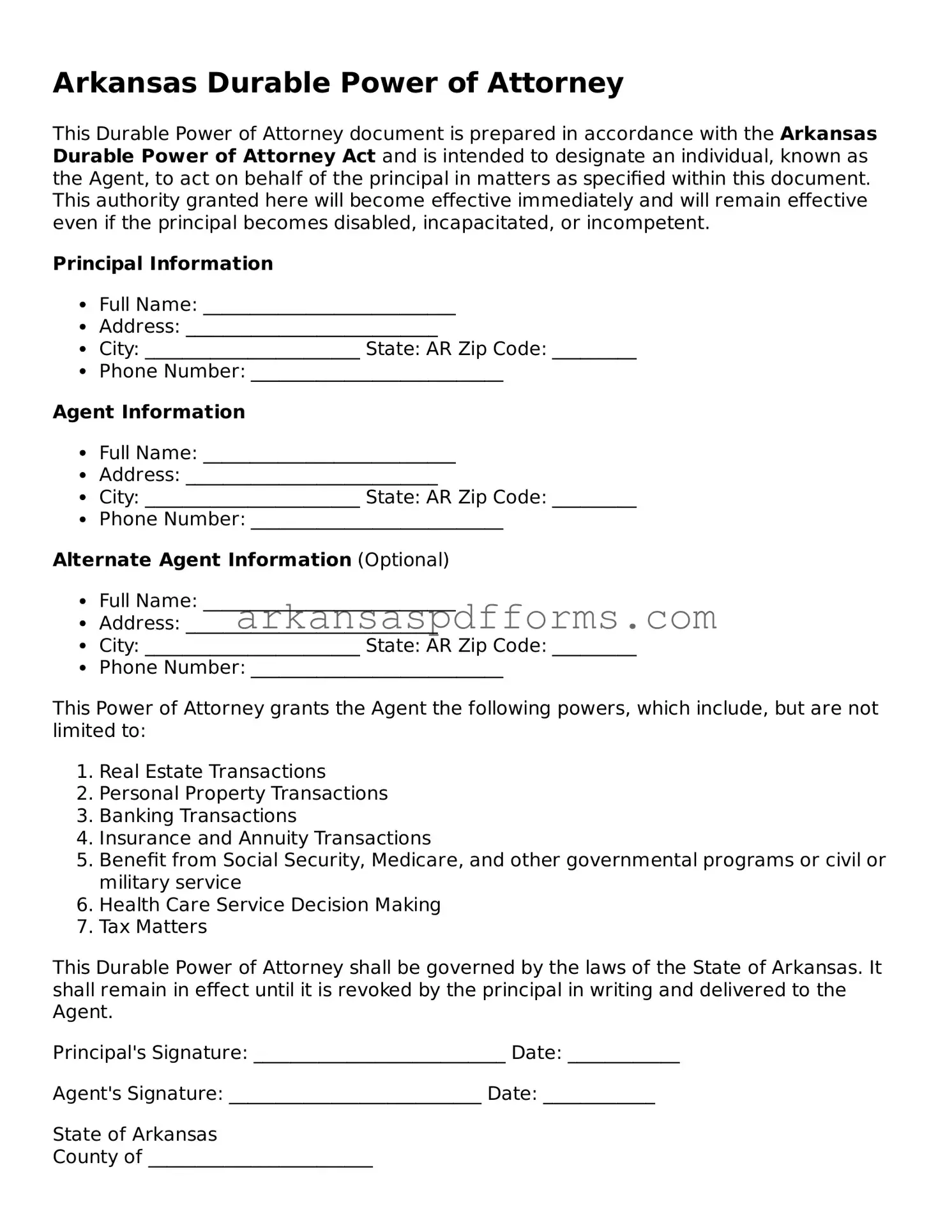 Printable Durable Power of Attorney Form for Arkansas State