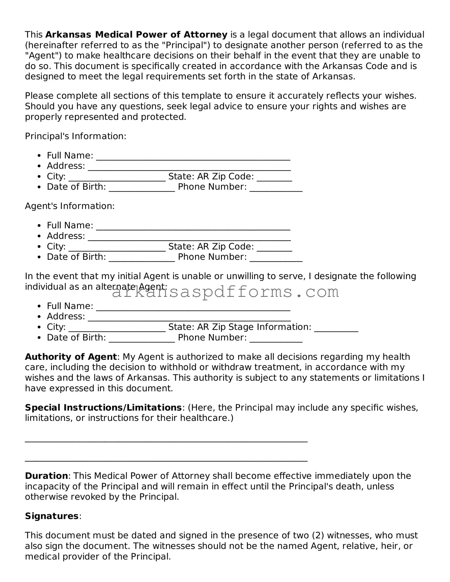 Printable Medical Power of Attorney Form for Arkansas State