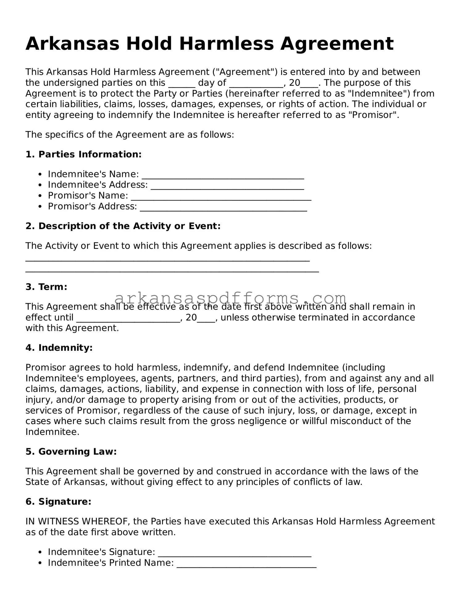 Printable Hold Harmless Agreement Form for Arkansas State