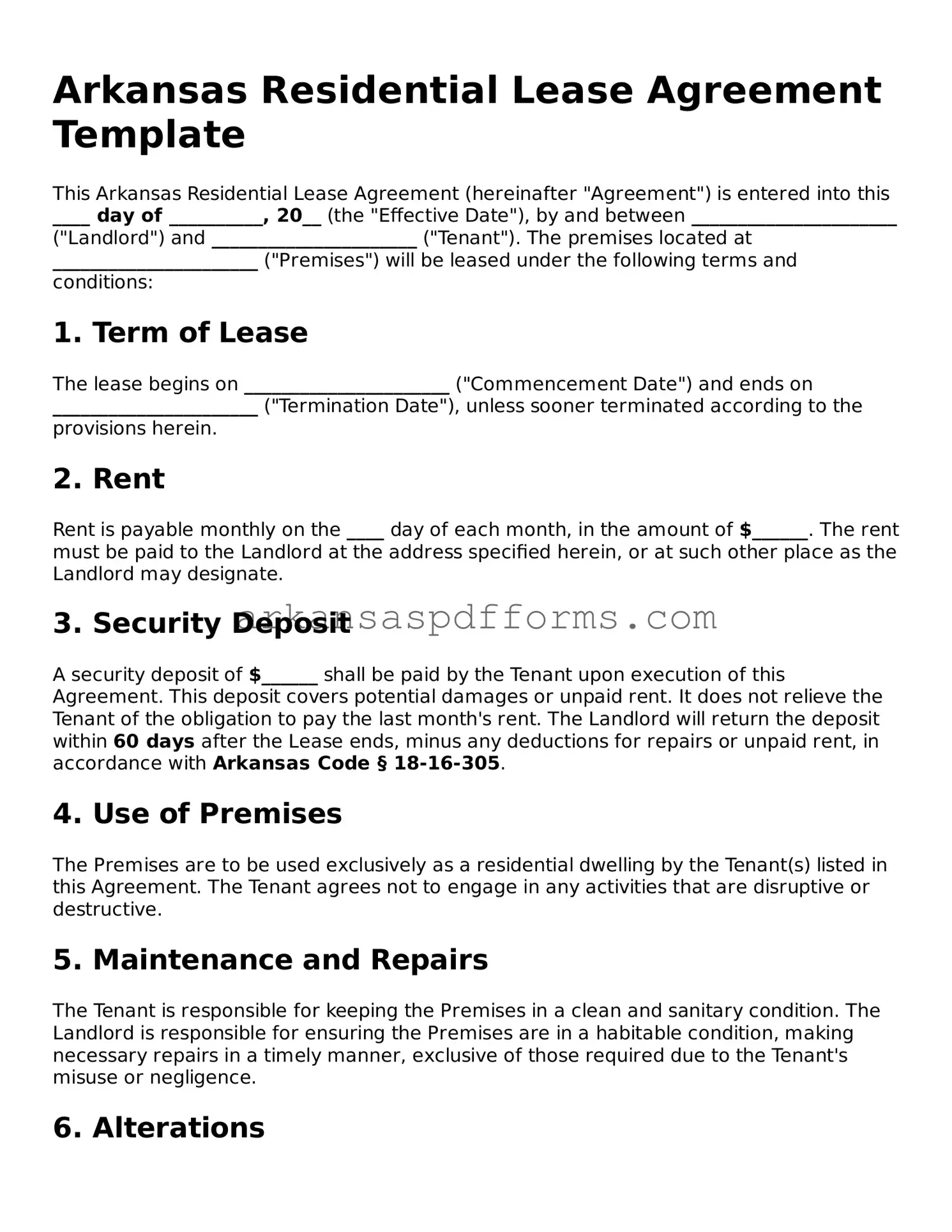 Printable Residential Lease Agreement Form for Arkansas State