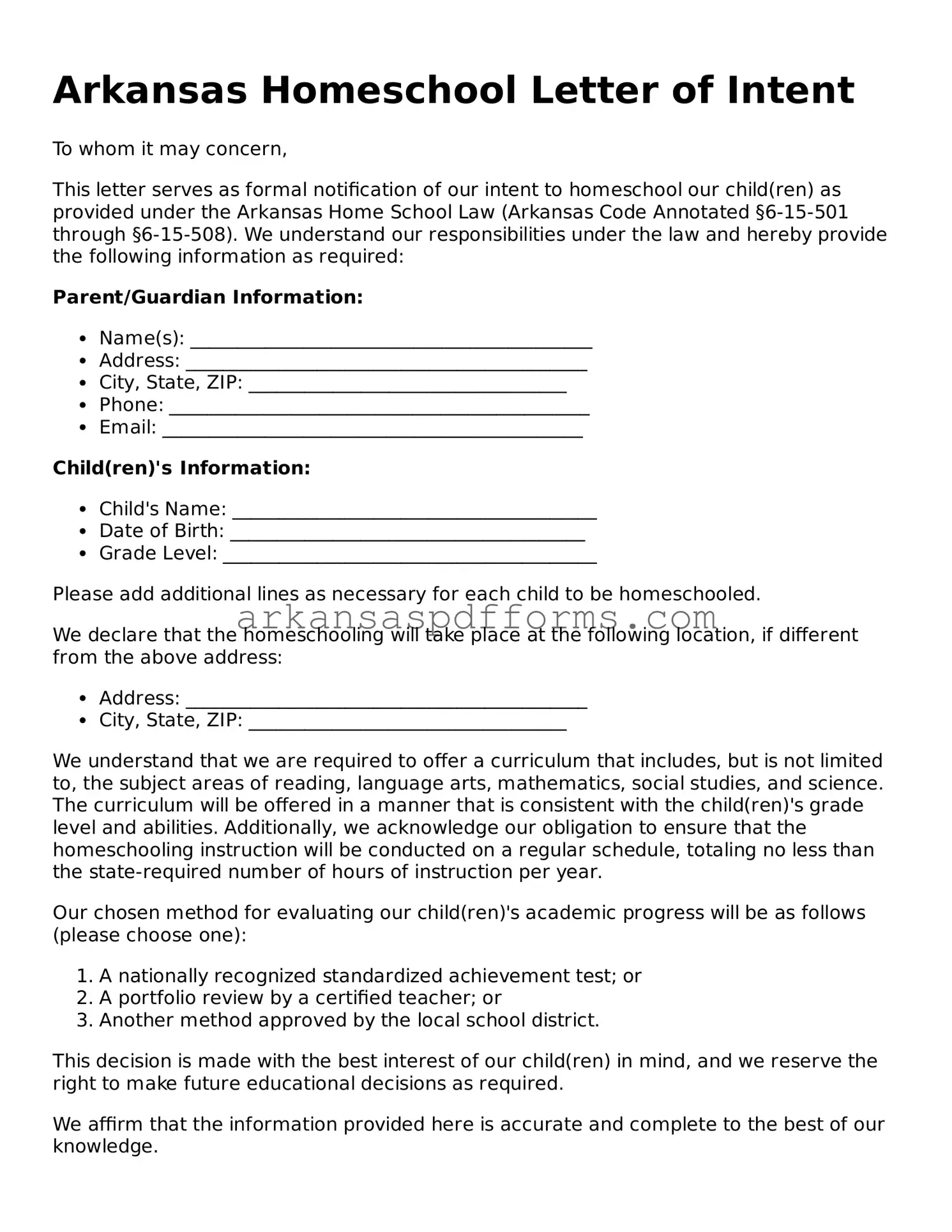 Printable Homeschool Letter of Intent Form for Arkansas State