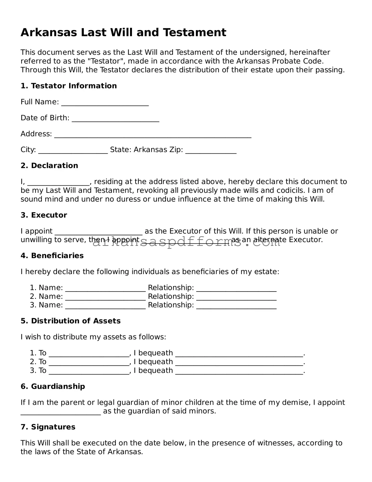 Printable Last Will and Testament Form for Arkansas State