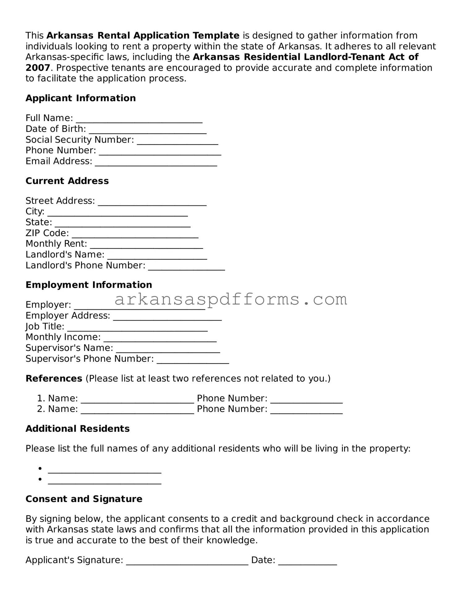 Printable Rental Application Form for Arkansas State