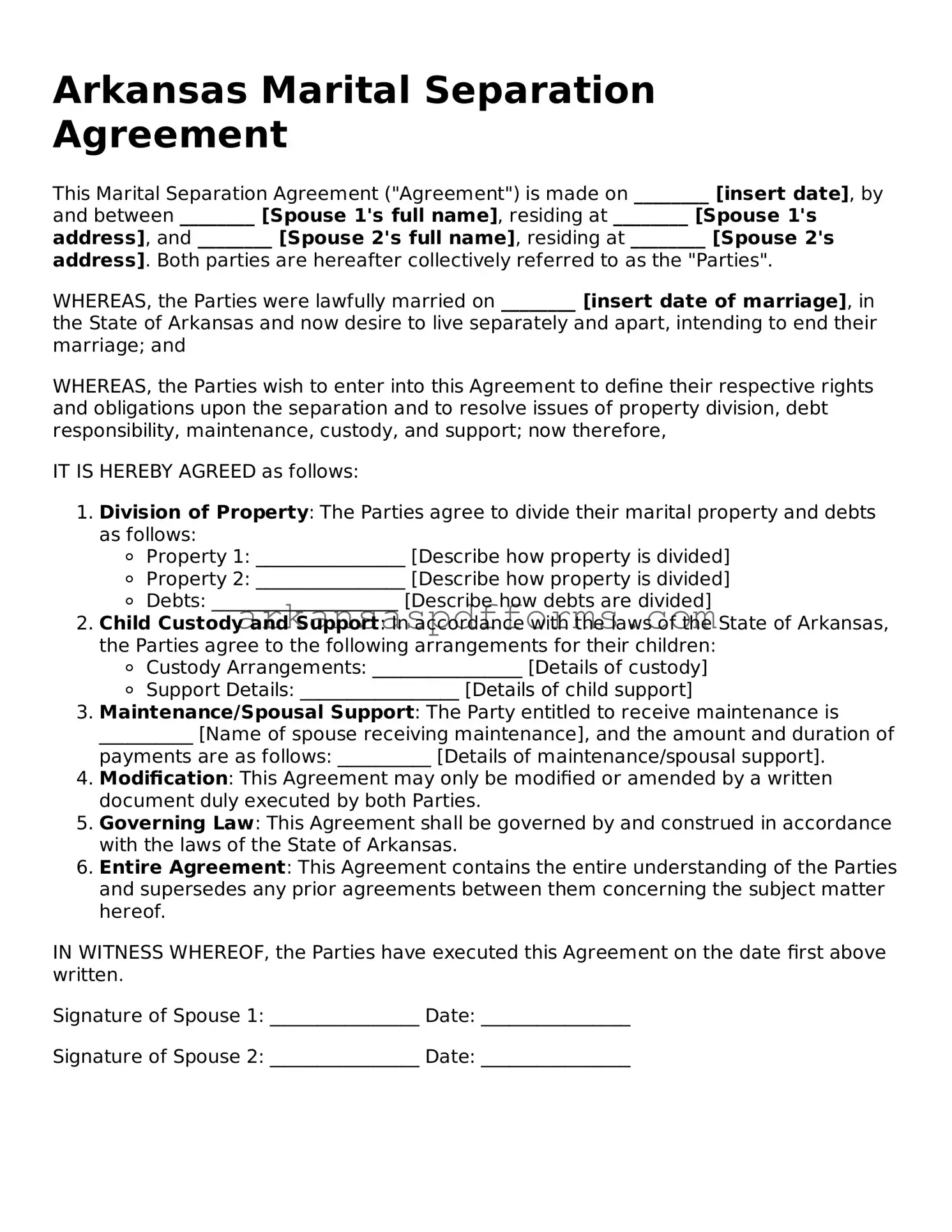 Printable Marital Separation Agreement Form for Arkansas State