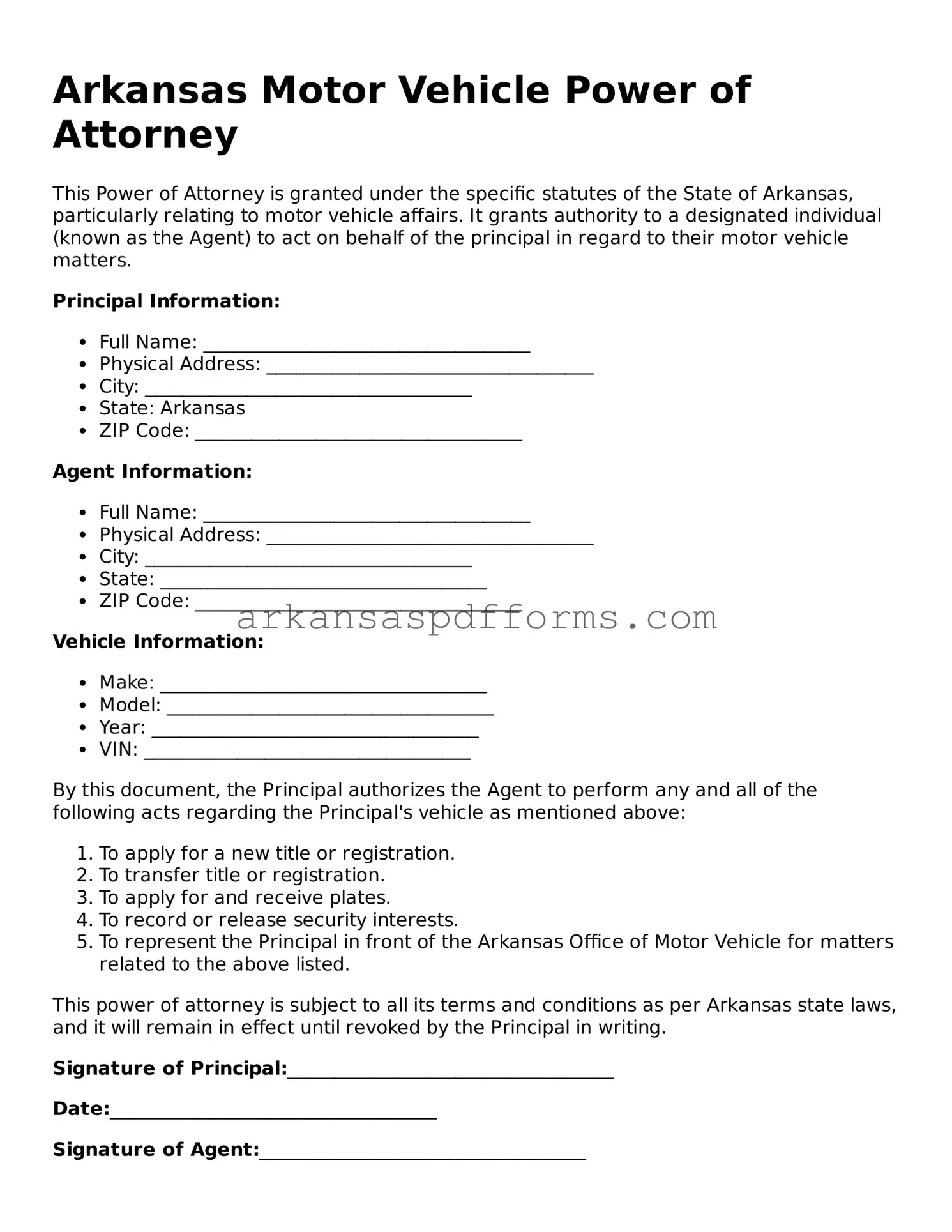 Printable Motor Vehicle Power of Attorney Form for Arkansas State