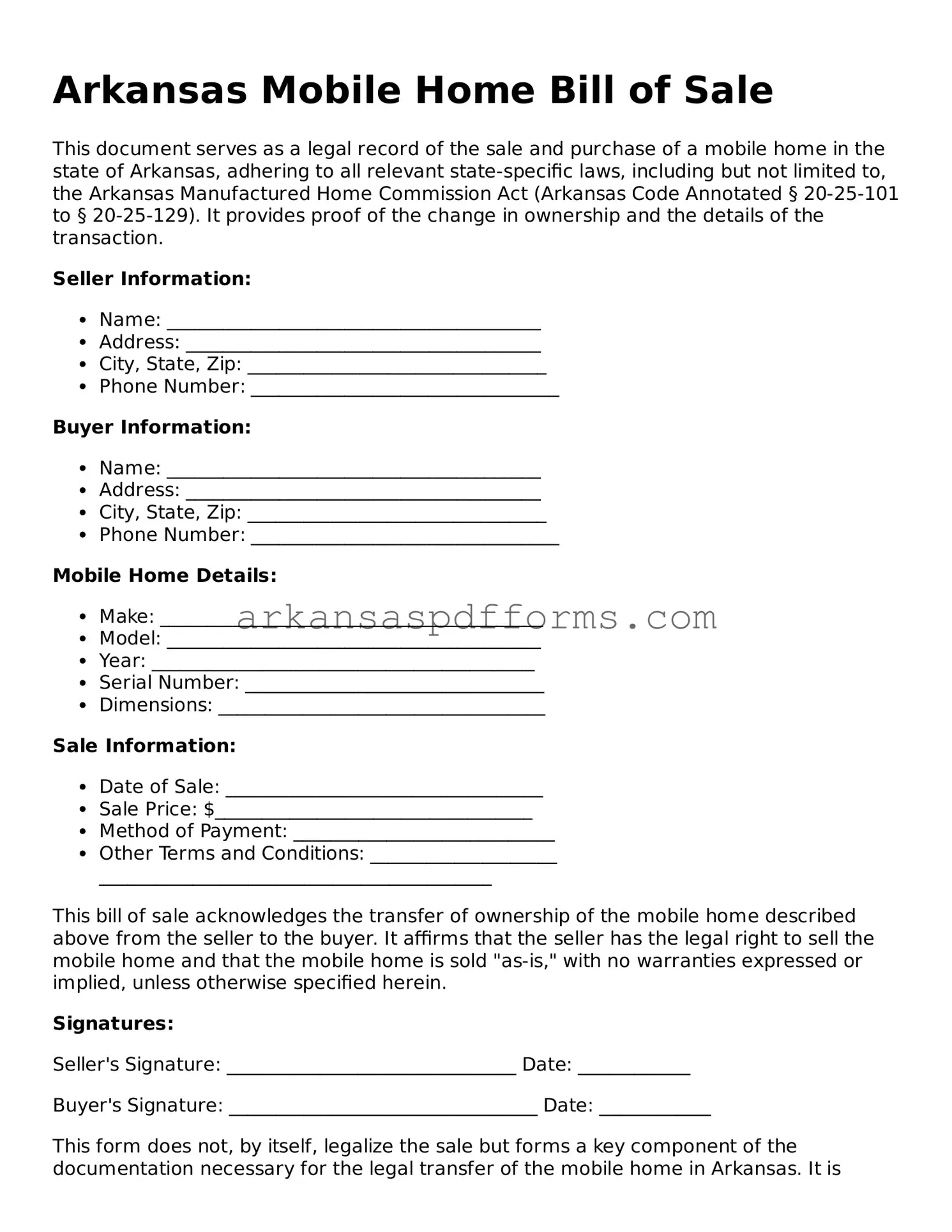 Printable Mobile Home Bill of Sale Form for Arkansas State