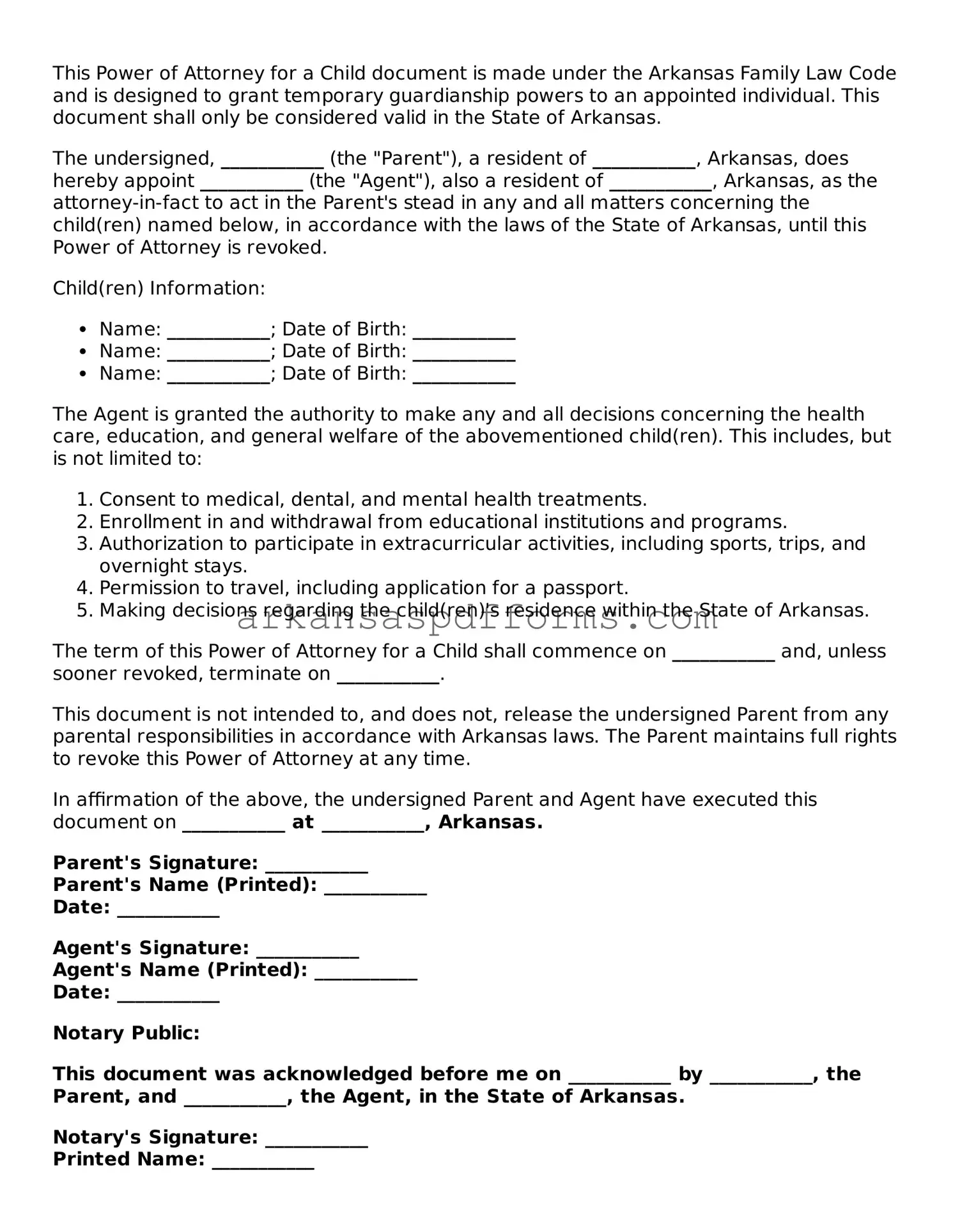 Printable Power of Attorney for a Child Form for Arkansas State