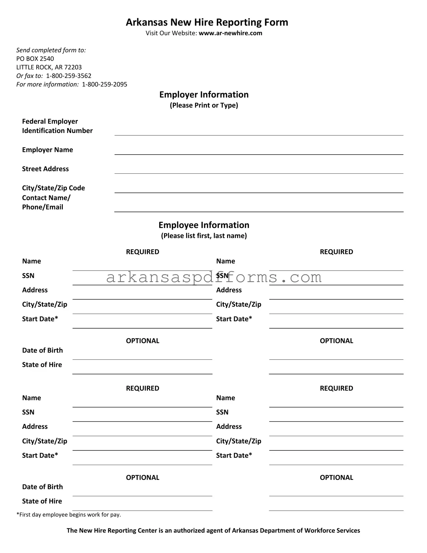 Official Arkansas New Hire Reporting Template in PDF