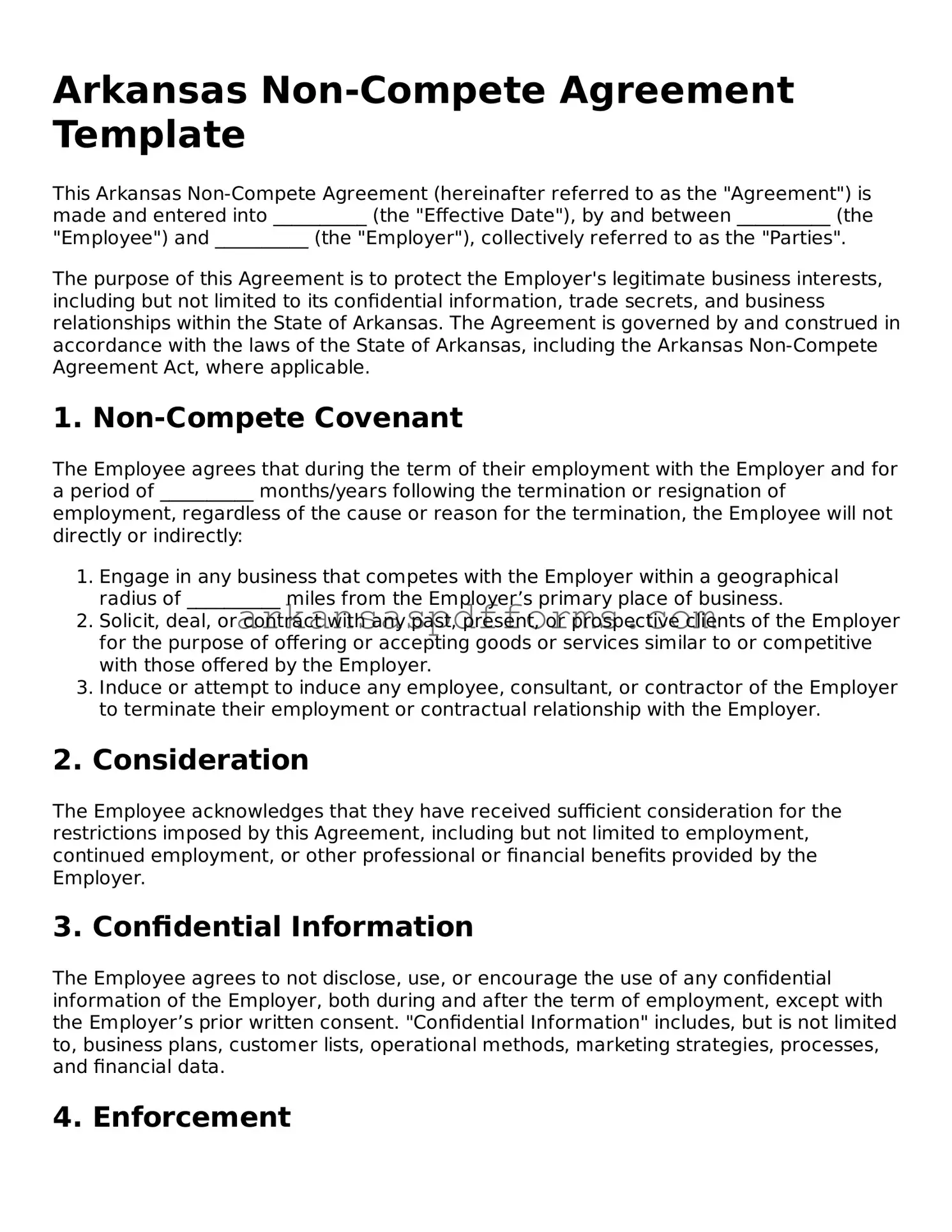 Printable Non-compete Agreement Form for Arkansas State