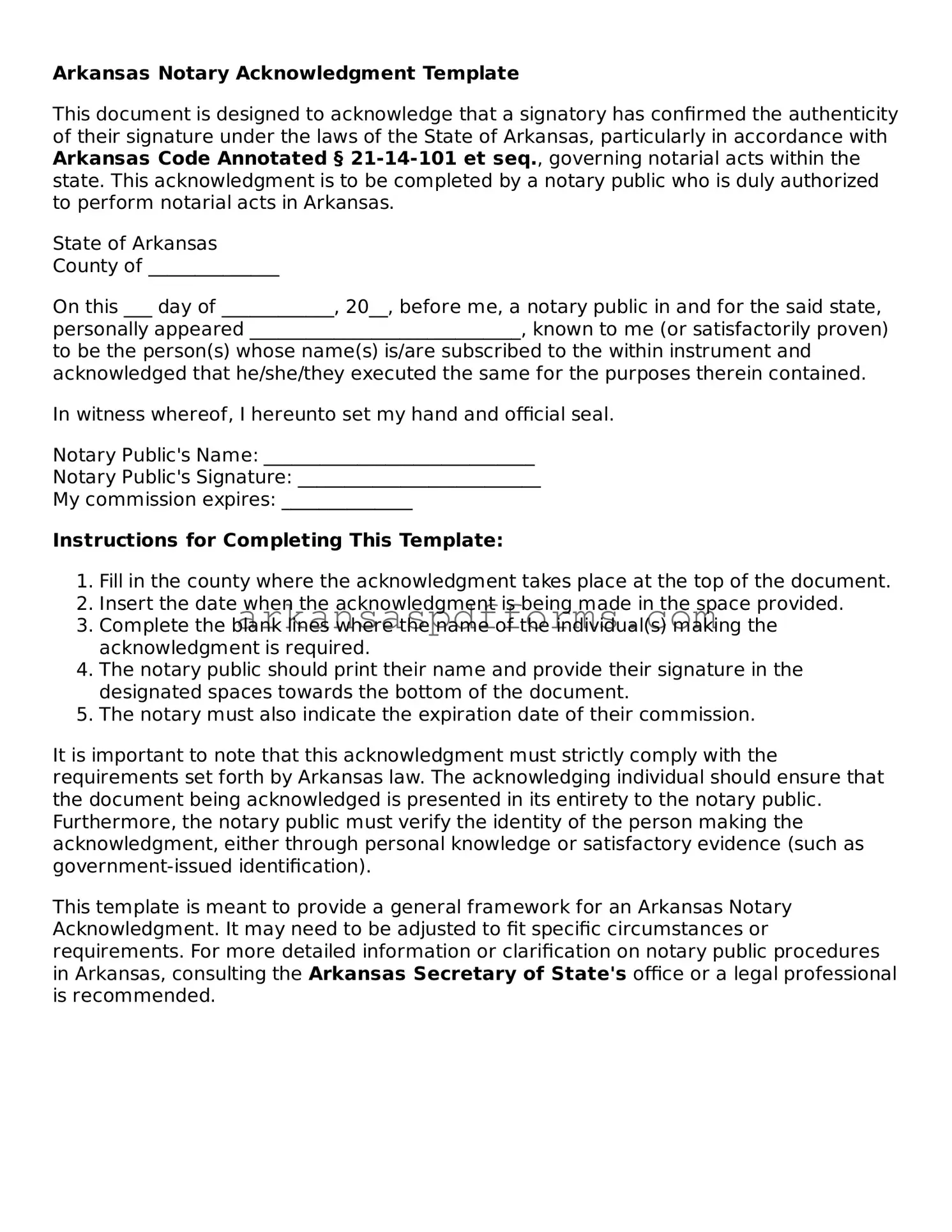 Printable Notary Acknowledgement Form for Arkansas State