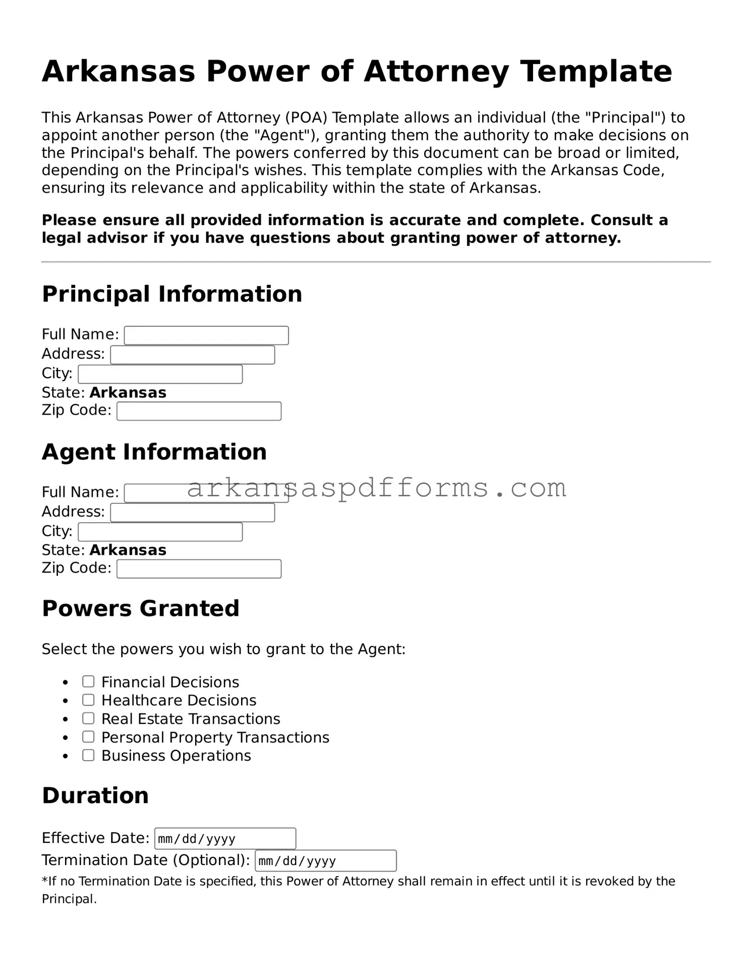 Printable Power of Attorney Form for Arkansas State