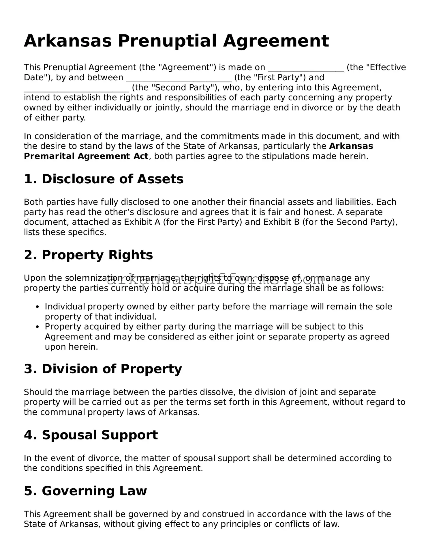 Printable Prenuptial Agreement Form for Arkansas State