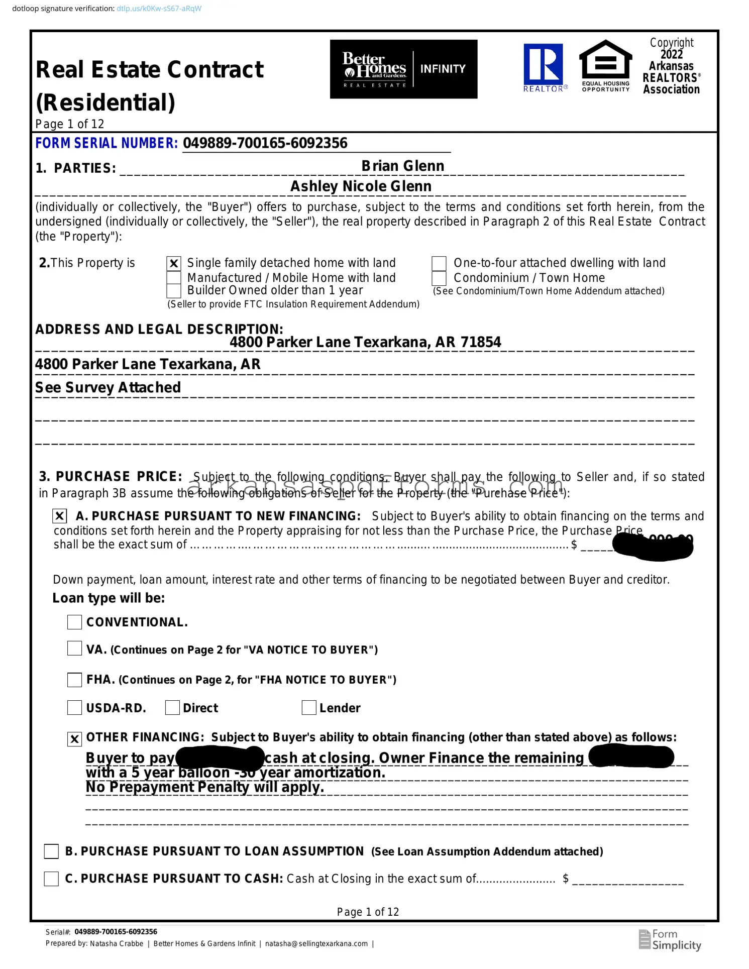 Official Arkansas Real Estate Contract Residential Template in PDF