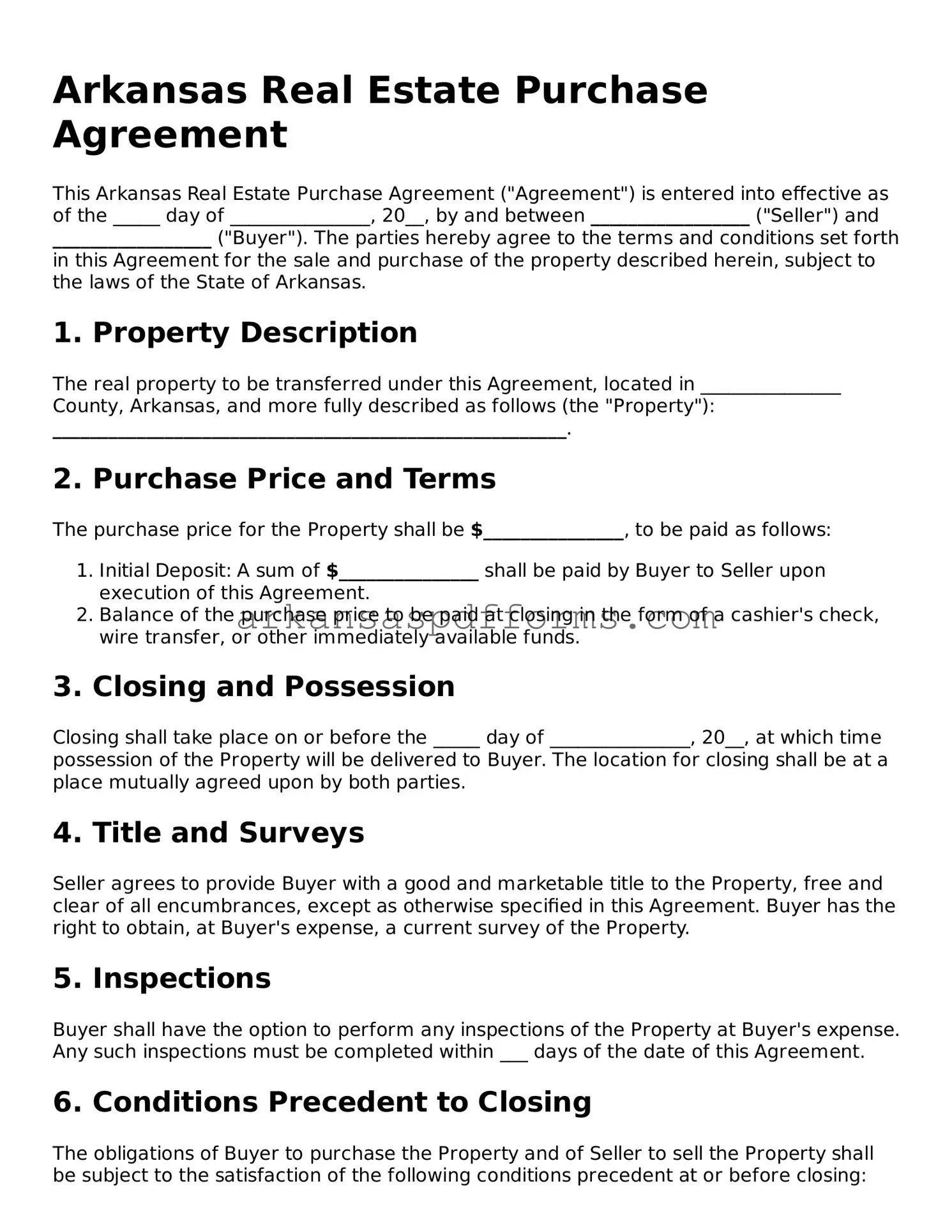 Printable Real Estate Purchase Agreement Form for Arkansas State