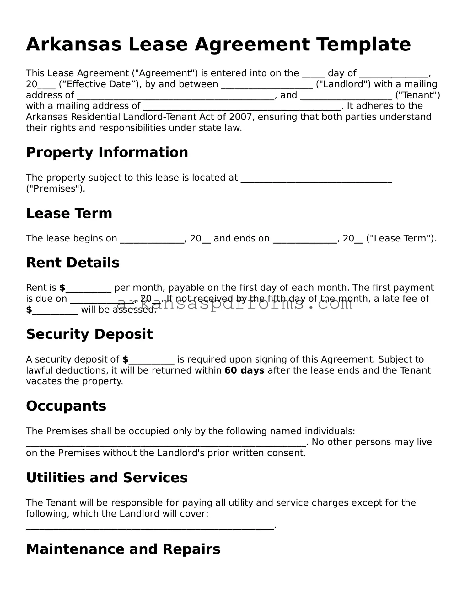 Printable Lease Agreement Form for Arkansas State
