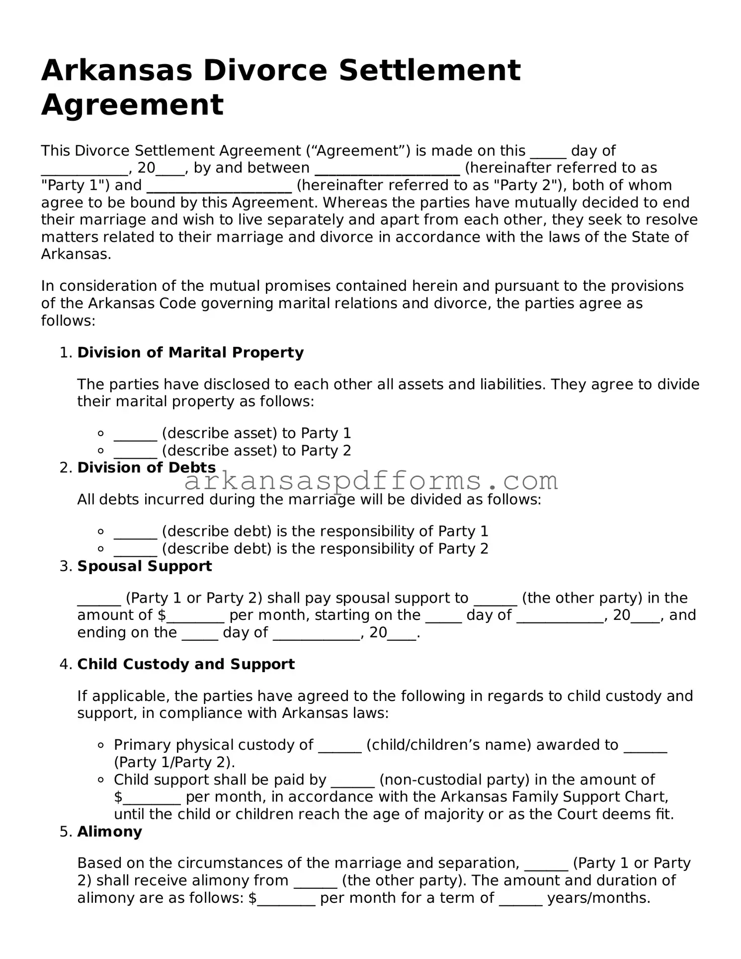 Printable Divorce Settlement Agreement Form for Arkansas State