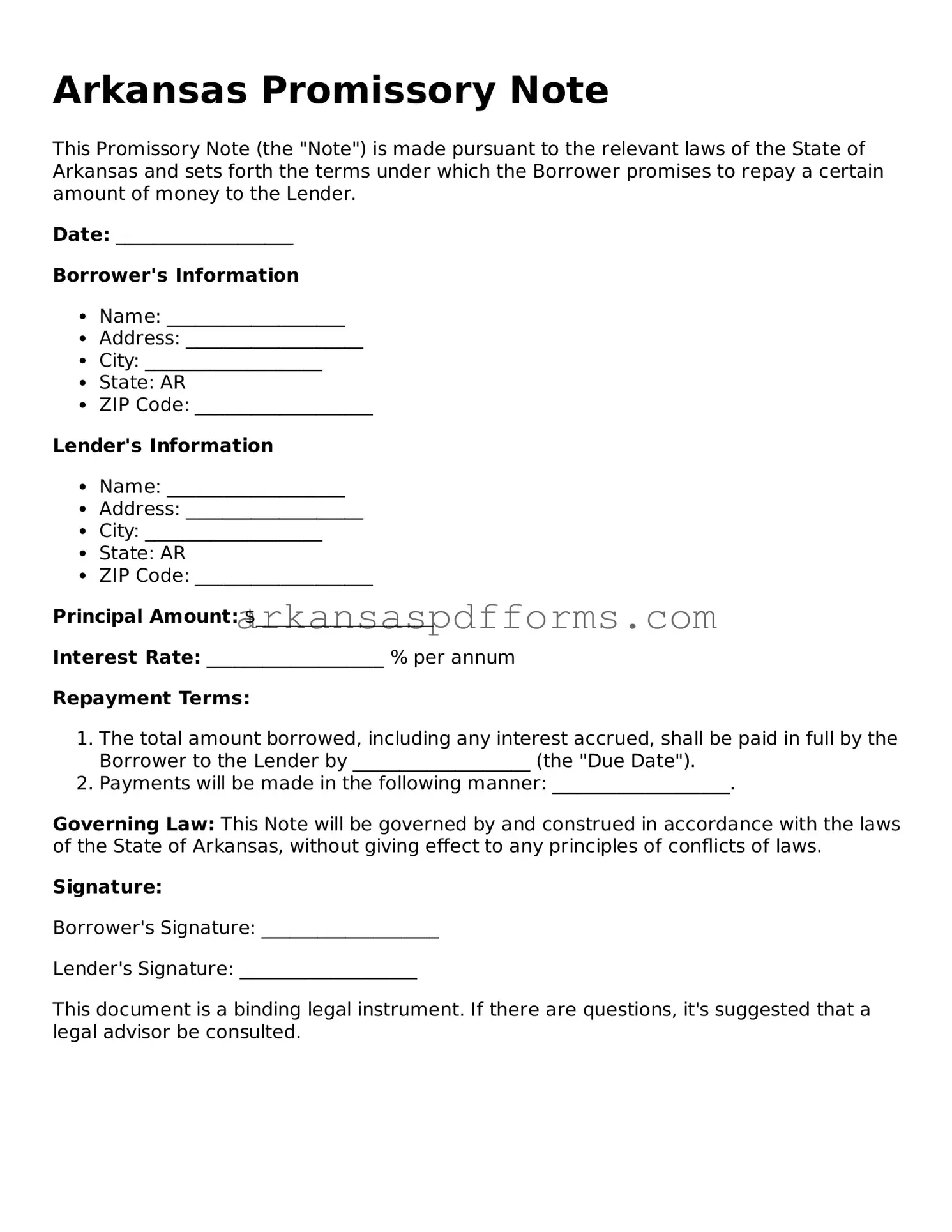 Printable Promissory Note Form for Arkansas State
