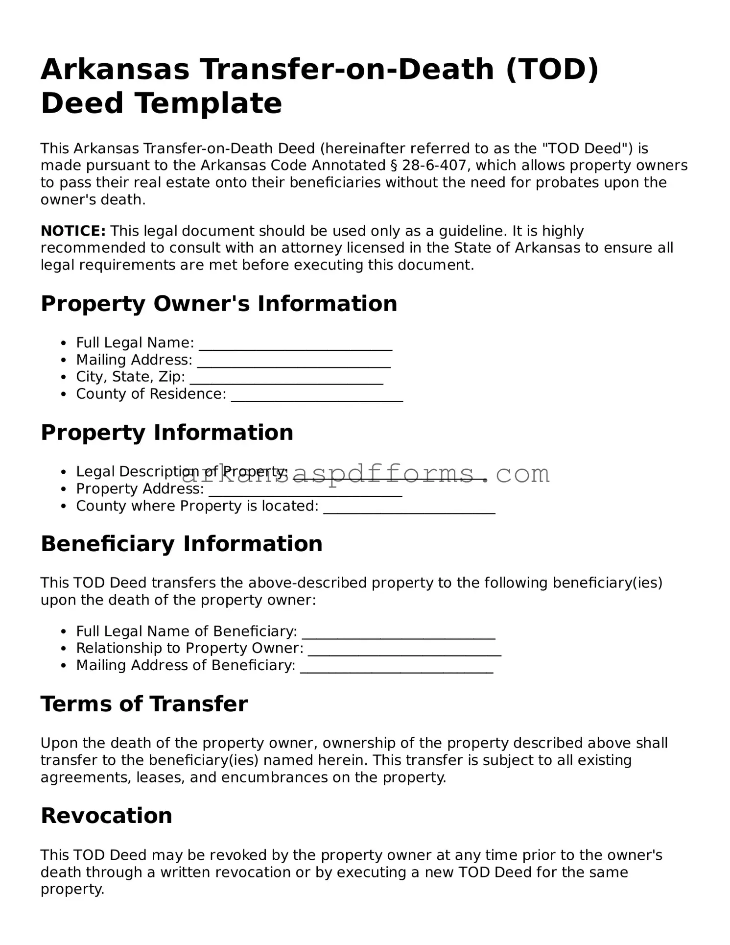 Printable Transfer-on-Death Deed Form for Arkansas State