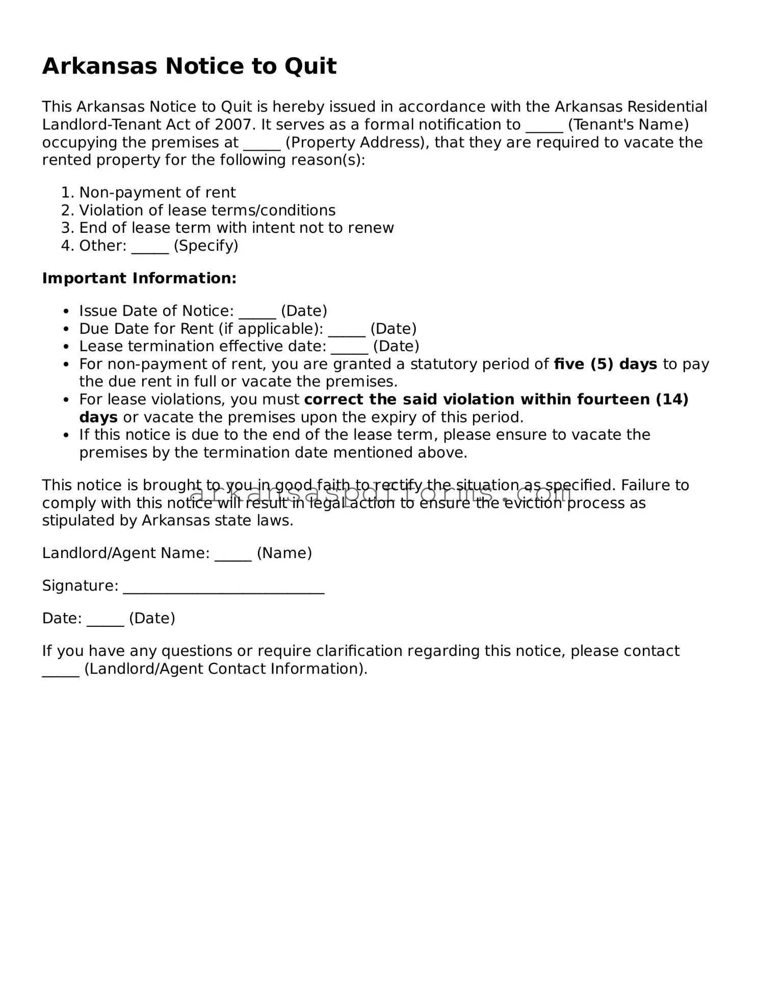 Printable Notice to Quit Form for Arkansas State