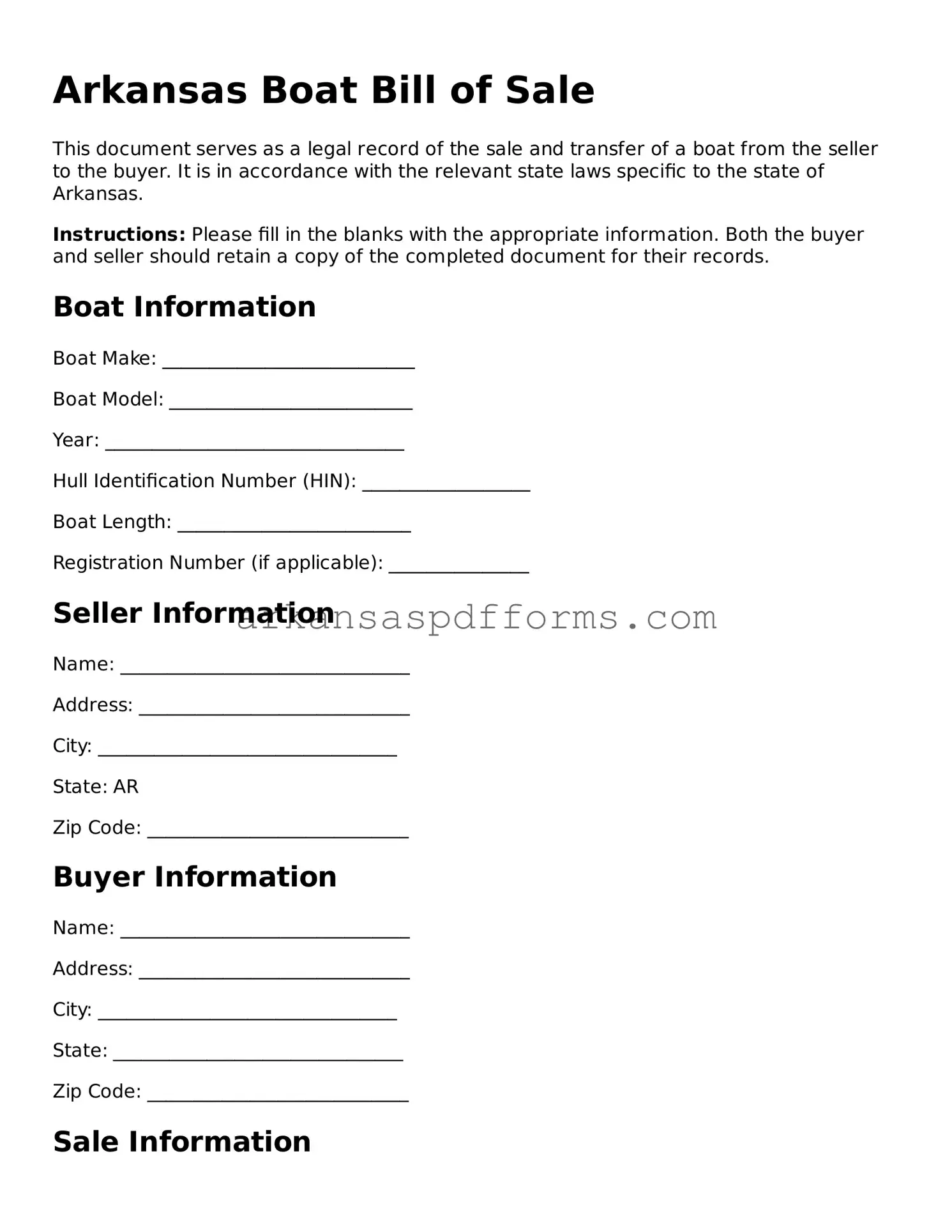 Printable Boat Bill of Sale Form for Arkansas State