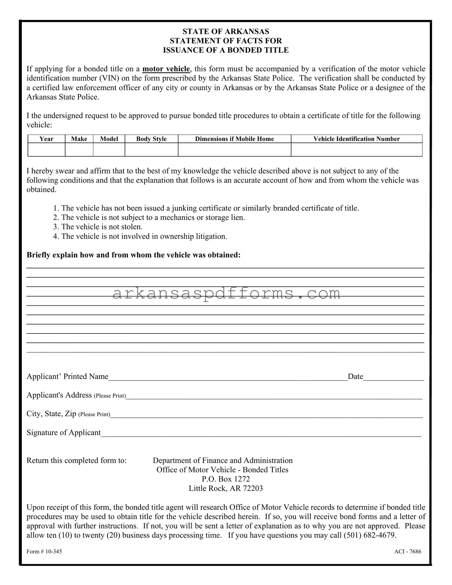 Official Bonded Title Arkansas Template in PDF