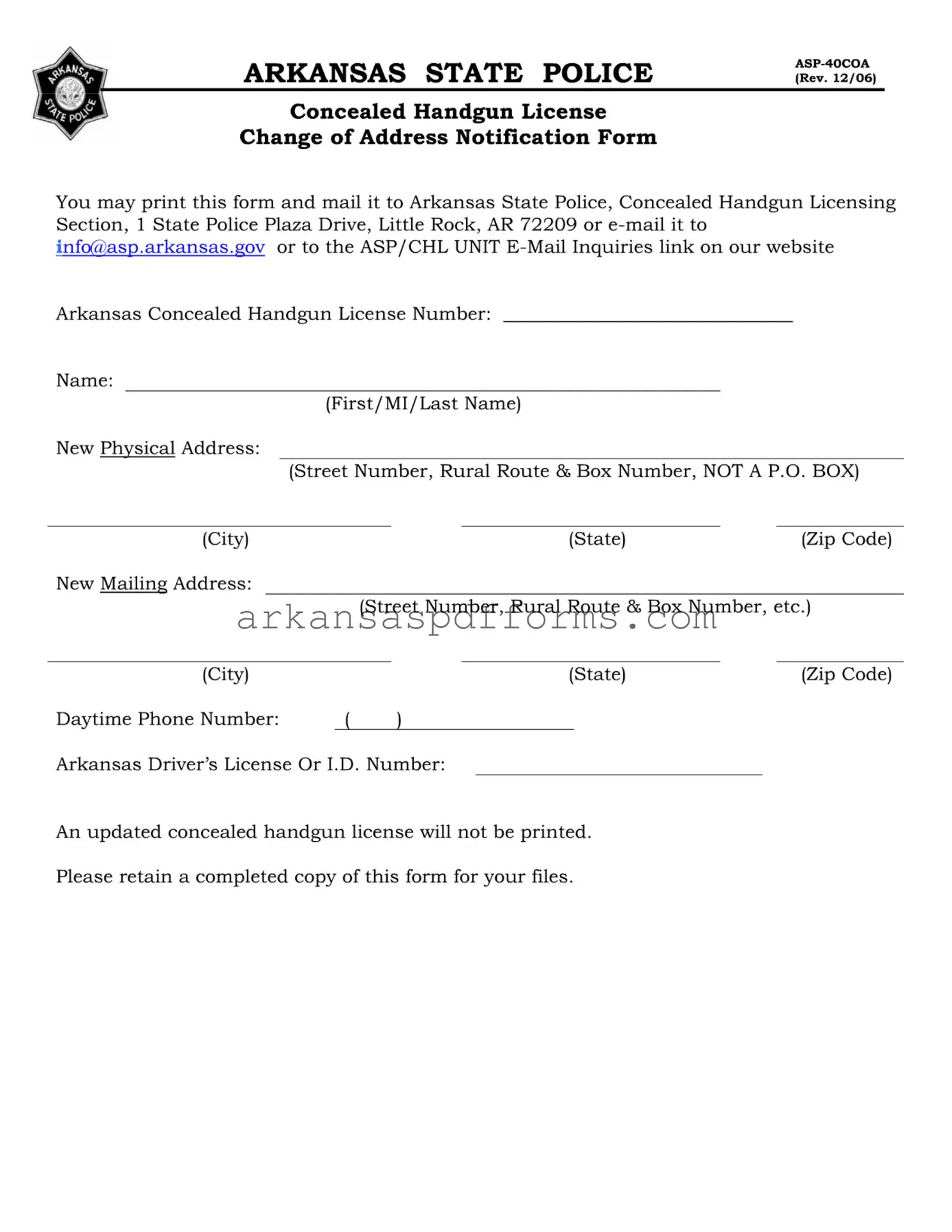 Official Change Address Ccw In Arkansas Template in PDF