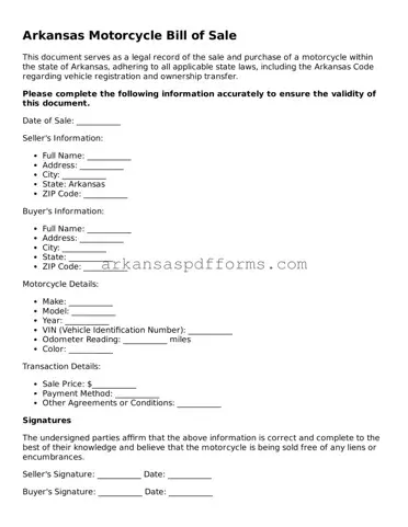 Printable Motorcycle Bill of Sale Form for Arkansas State