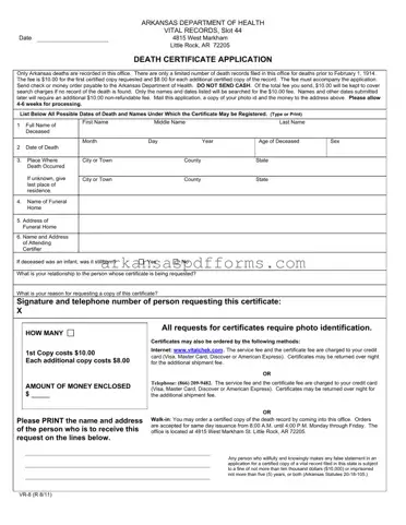 Official Arkansas Death Certificate Application Template in PDF