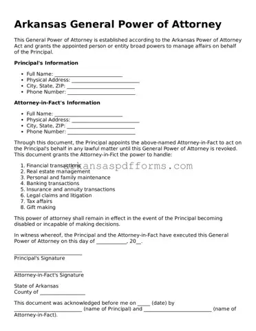 Printable General Power of Attorney Form for Arkansas State