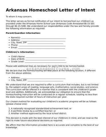 Printable Homeschool Letter of Intent Form for Arkansas State