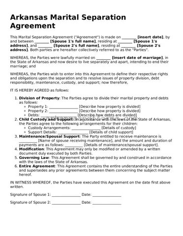 Printable Marital Separation Agreement Form for Arkansas State