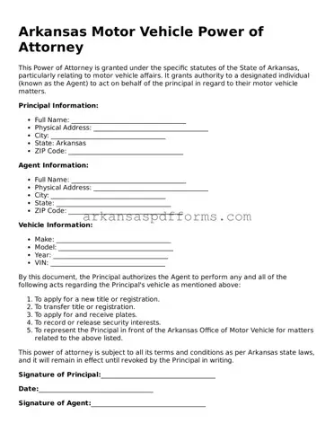 Printable Motor Vehicle Power of Attorney Form for Arkansas State
