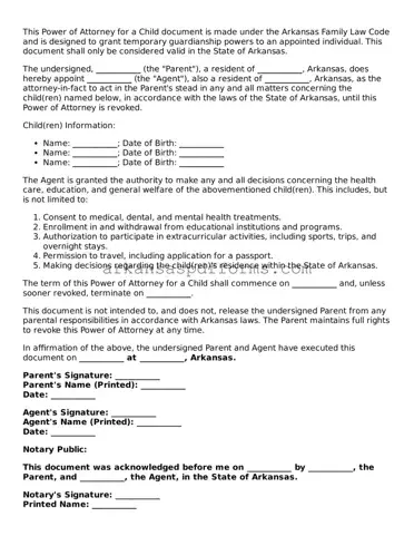 Printable Power of Attorney for a Child Form for Arkansas State