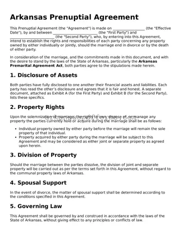 Printable Prenuptial Agreement Form for Arkansas State